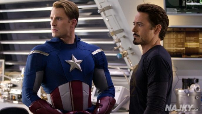 In this film image released by Disney, Chris Evans, portraying Captain America, left, and Robert Downey Jr., portraying Tony Stark, are shown in a scene from "Marvel's The Avengers" (AP Photo/Disney, Zade Rosethal)