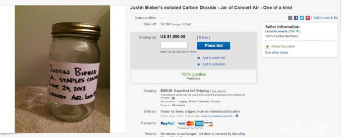 http://www.ebay.com/itm/Justin-Biebers-exhaled-Carbon-Dioxide-Jar-of-Concert-Air-One-of-a-kind-/171720447621?pt=LH_DefaultDomain_2&amp;hash=item27fb561685