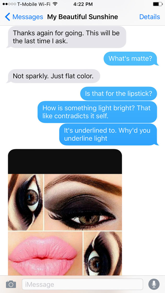 Boyfriend buys makeup for girlfriend funny text messages 