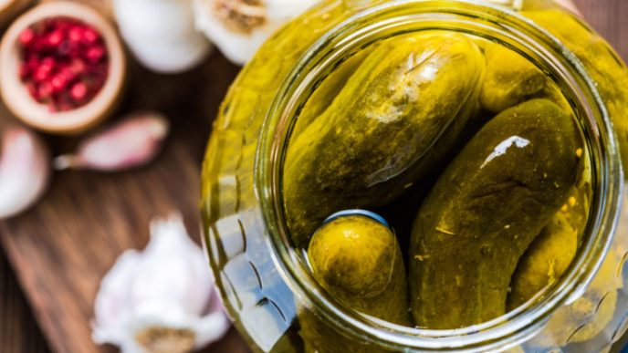 Pickled gherkins in jar, fermented food