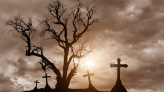 Halloween concept with scary silhouette dead tree and spooky crosses