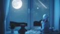 Child little girl at window dreaming and admiring starry sky