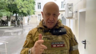 In this handout photo taken from video released by Prigozhin Press Service, Yevgeny Prigozhin, the owner of the Wagner Group military company, records his video addresses in Rostov-on-Don, Russia, Saturday, June 24, 2023. The owner of the Wagner private military contractor who called for an armed rebellion aimed at ousting Russia's defense minister has confirmed in a video that he and his troops have reached Rostov-on-Don