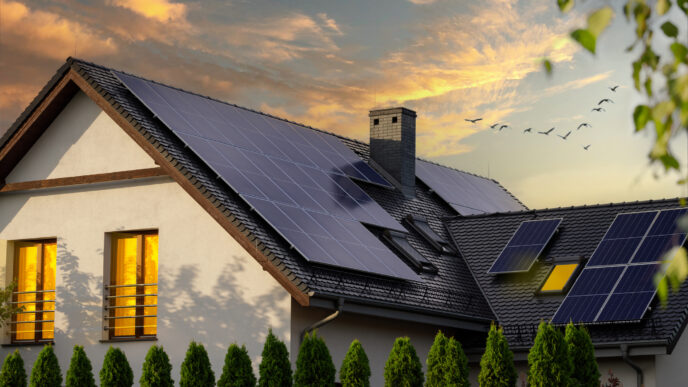 Solar photovoltaic panels on a house roof. Sunset.