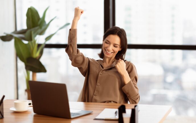 Yes.,Portrait,Of,Excited,Beautiful,Young,Woman,Celebrating,Success,Using