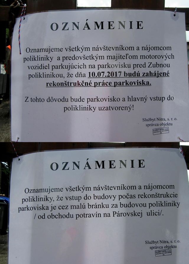 Oznamenie zubna poliklinika parovce.jpg