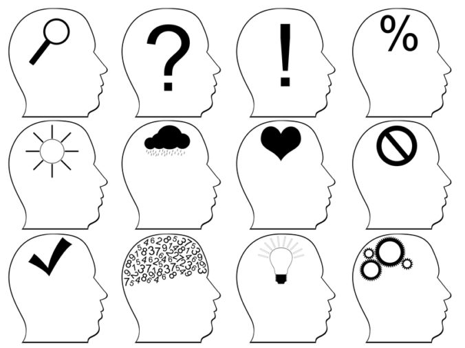 Nákresy hláv s rôznymi symbolmi v mozgovej časti