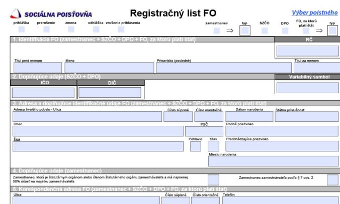 Registračný list FO pre Sociálnu poisťovňu