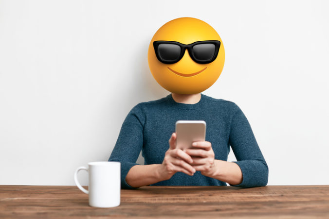 Emoji Head Woman using smart phone