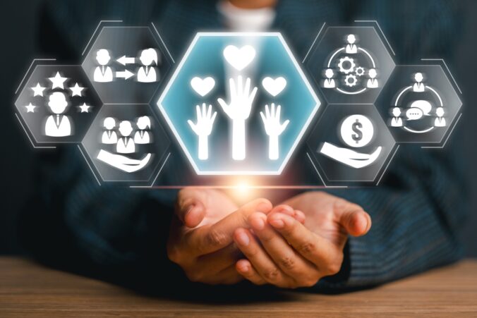 Illustration,Of,Hands,With,Volunteer,Icons,Symbolizing,Community,Support,,Charity,