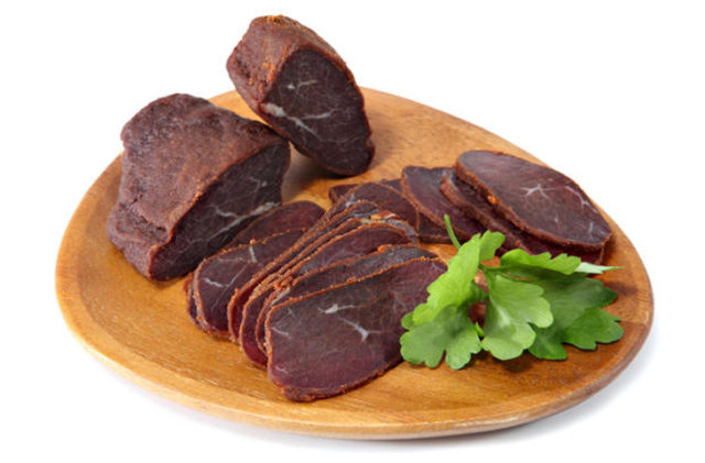 Basturma, dried fillet of beef meat, cut into thin slices.
