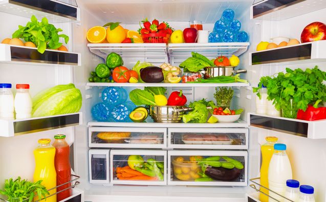 Open fridge full of fresh fruits and vegetables, healthy food background, organic nutrition, health