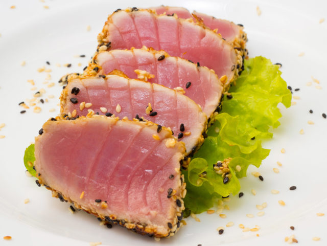 Recpie rare bc albacore tuna with pear pine nuts chili oil.jpg