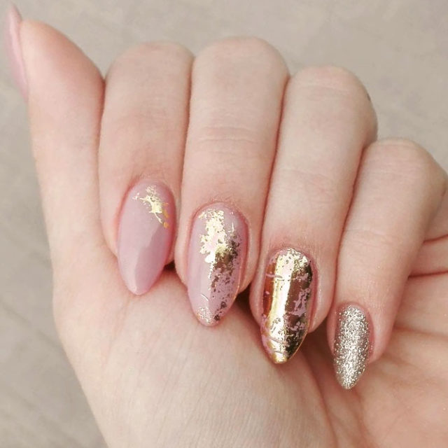 Gold foil gorgeous nails nude base almond glitter.jpg