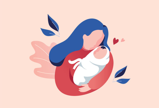 Vector Illustration Of Mother Holding Baby In Arms.
