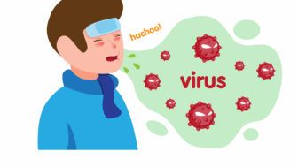 Boy sick flu and sneezing with virus in air symbol. cartoon flat illustration vector isolated in white background