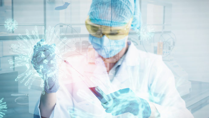 Scientist Chemistry Researcher Examination Chemical in Laboratory, Medical Science Technologist Studying Analysis and Experiment Coronavirus in Testing Lab. Double Exposure Health Care Concept