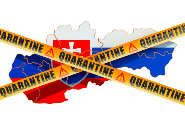 Quarantine in Slovakia concept. Slovak map with caution barrier tapes, 3D rendering isolated on white background