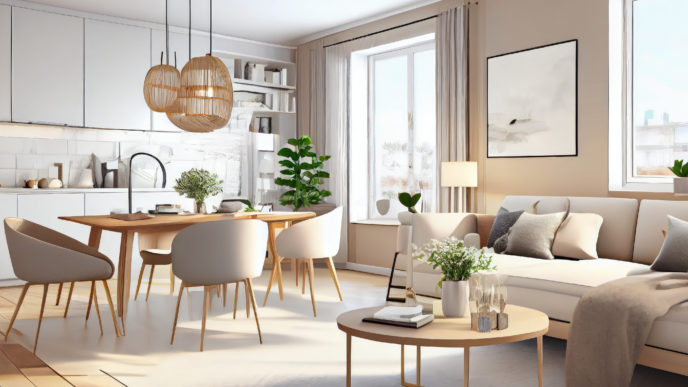 Stylish scandinavian living room with design mint sofa, furnitures, mock up poster map, plants and elegant personal accessories. Modern home decor. Bright and sunny room. Generative AI illustration.