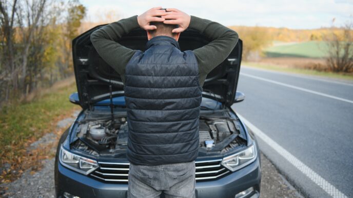 muž pri pokazenom aute