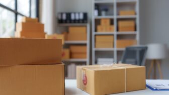 Cardboard boxes are stacked and ready for shipping in a warehouse or office, demonstrating the concept of e commerce, logistics, and distribution