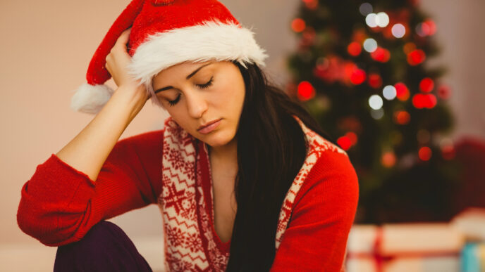 smutná žena pri vianočnom stromčeku