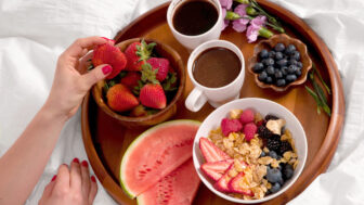 Healthy breakfast and coffee in the bed.