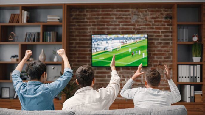 muži sledujúci futbal