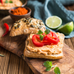 Creamy sheep cheese spread with onion, butter and paprika powder for breakfast