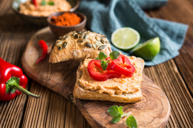 Creamy sheep cheese spread with onion, butter and paprika powder for breakfast