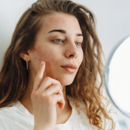 Young woman with problem skin looking into mirror