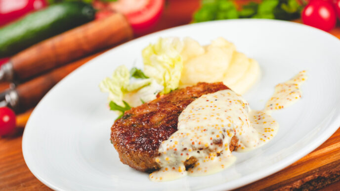 Bravčové kotlety v krémovej omáčke z nivy a cesnaku