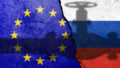 Flag of Europe Union and Russia painted on a concrete wall with gas pipe shadow. Relationship between EU and Russia