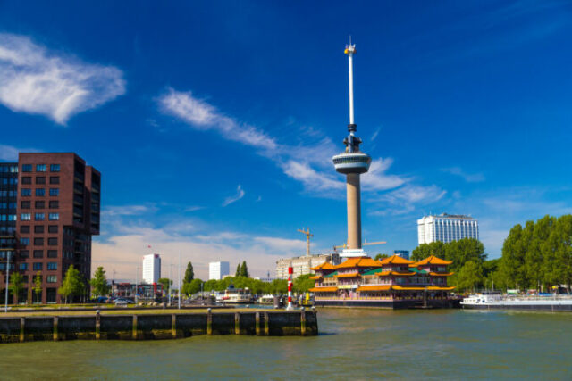 Euromast Tower in Rotterdam with floating Chinese restaurant