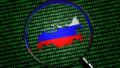 Magnifying glass found the Russia map among computer binary code. Illustration of the concept of Russian Internet hackers