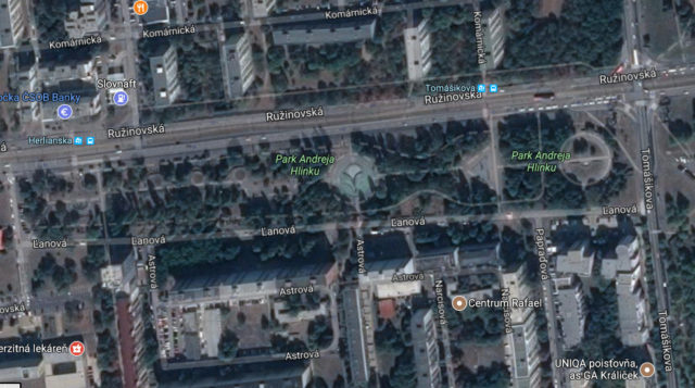 Park Andreja Hlinku - google maps, satelitná snímka. 