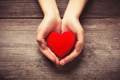 Female hands giving red heart