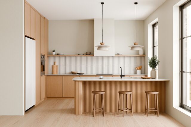 Modern,Kitchen,Interior,With,Wooden,And,White,Accents.,3d,Render.