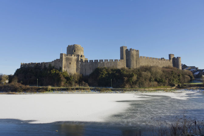 Pembroke Castle in winter; Pembrokeshire, Wales