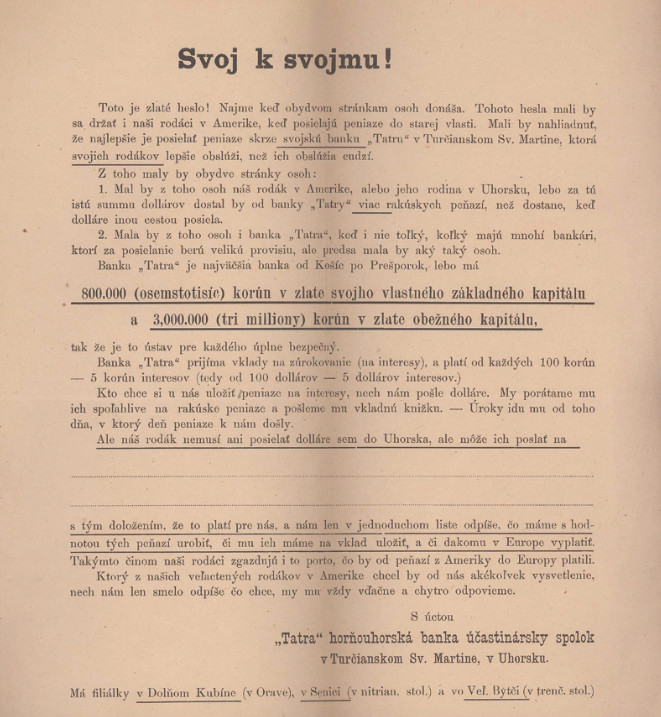 Leták vyzývajúci amerických Slovákov k sporeniu v Tatra banke.
