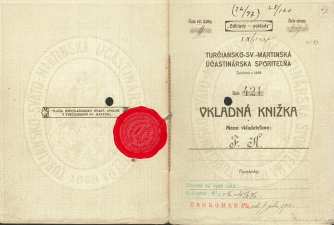 Vkladná knižka Turčiansko Sväto Martinskej sporiteľne z roku 1916.
