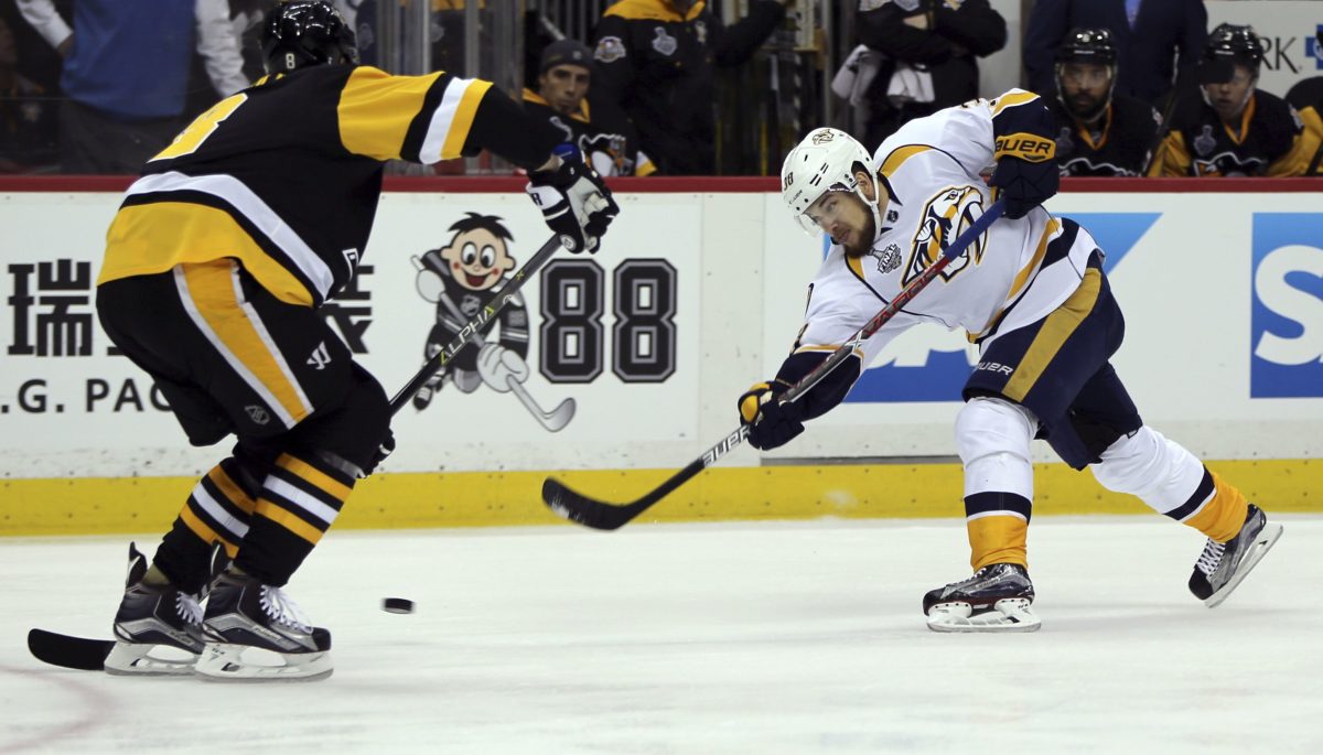 Chris Kunitz, Sidney Crosby, Justin Schultz, Ian Cole, Viktor Arvidsson, Brian Dumoulin