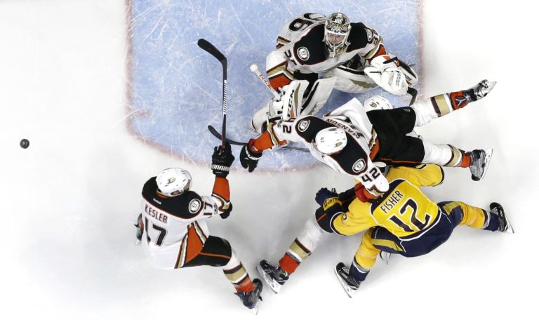 John Gibson, Mike Fisher, Ryan Kesler, Josh Manson
