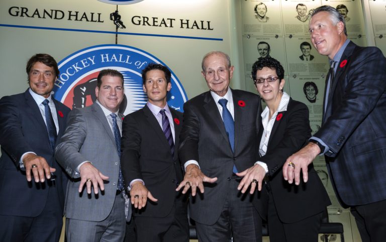 Teemu Selanne, Dave Andreychuk, Mark Recchi and Paul Kariya, Danielle Goyette, Jeremy Jacobs, Clare Drake.