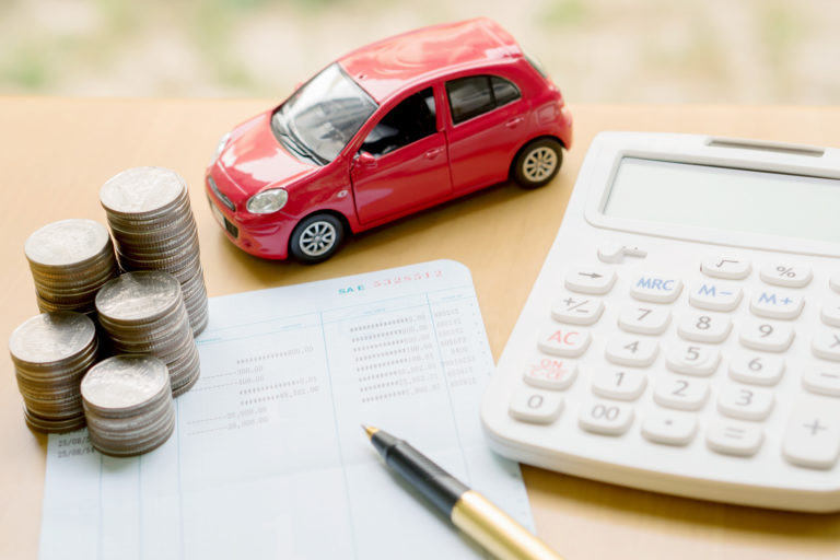 Money, pile coin with account book and car, concept