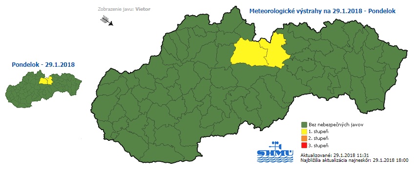 Výstraha, vietor, pondelok