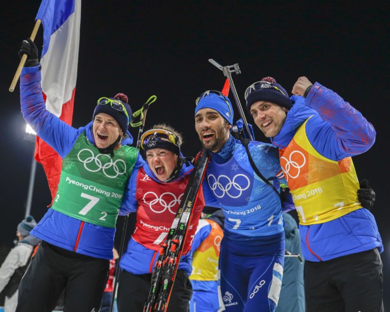 Anais Bescondová, Marie Dorin Habertová, Martin Fourcade, Simon Desthieux