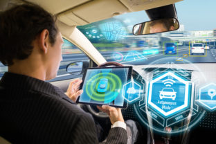 Futuristic interface of autonomous car. Self driving vehicle. Driverless car.