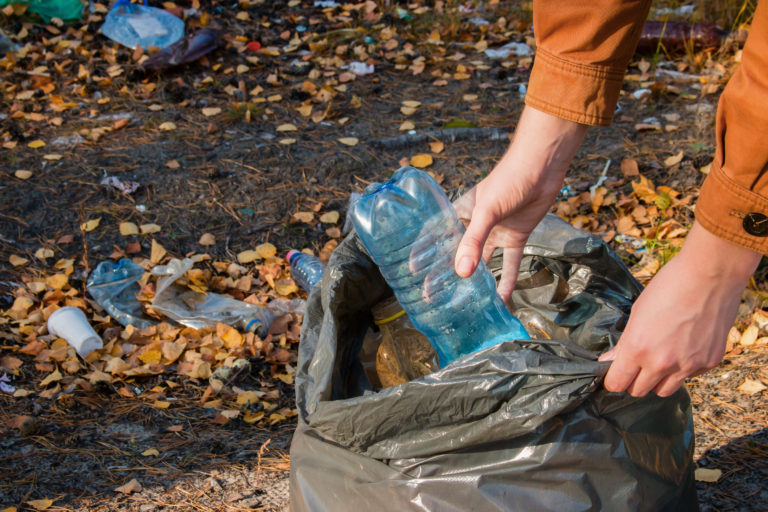 Young woman collects garbage in the woods