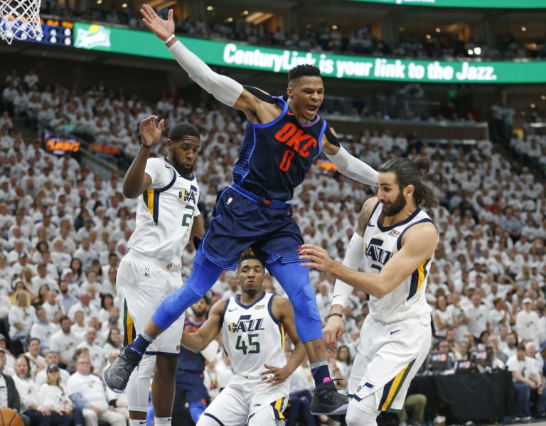 Russell Westbrook, Royce O'Neale, Donovan Mitchell, Ricky Rubio